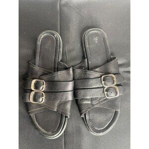 Frye Tait Moto Slide Leather Buckle Slides Sandals Black Size 8M